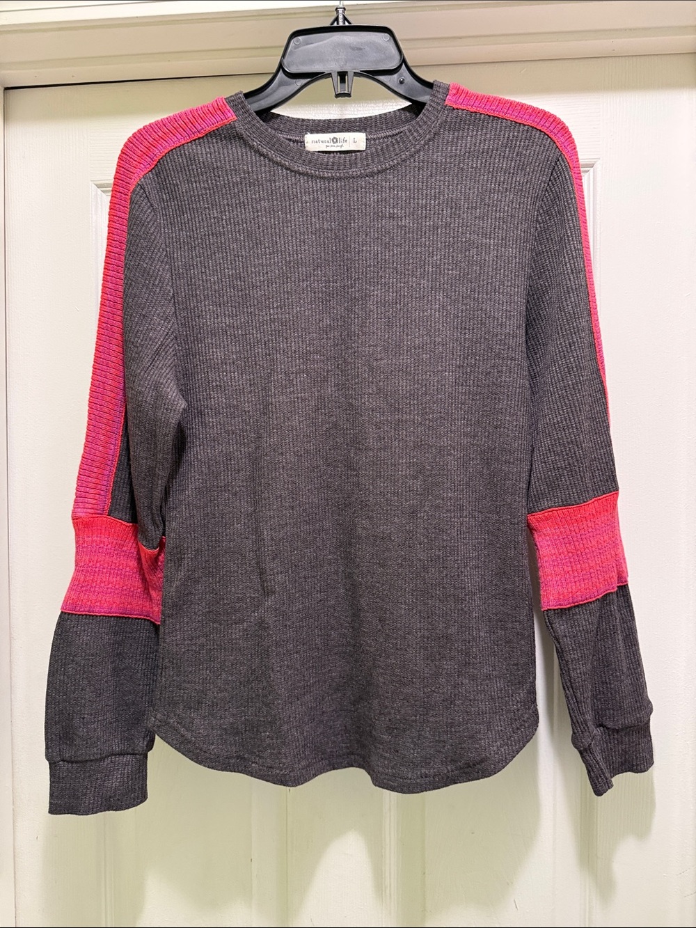 Natural Life L Gray Brown & Pink Waffle Knit Long Sleeve Top